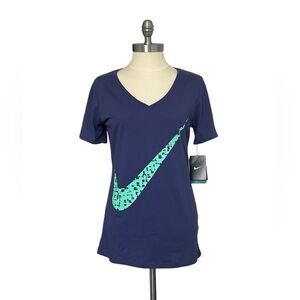 Nike Dri Fit NWT CTN Swoosh V-Neck Tee Shirt Women's Top Blue Green Size Medium